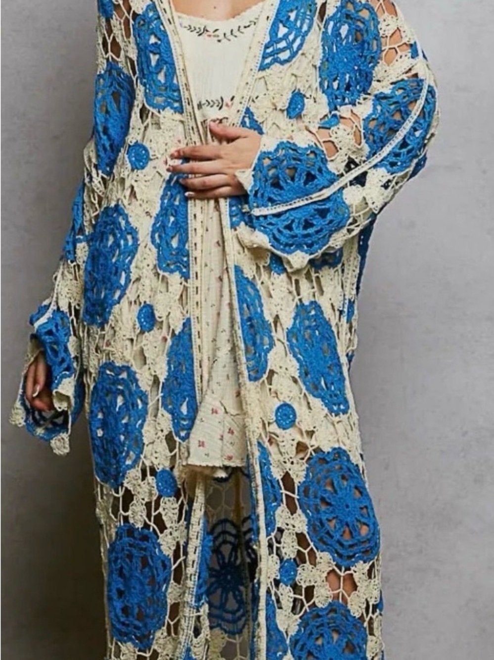 POL Cream Crochet Top with Bright Blue Floral Embroidery